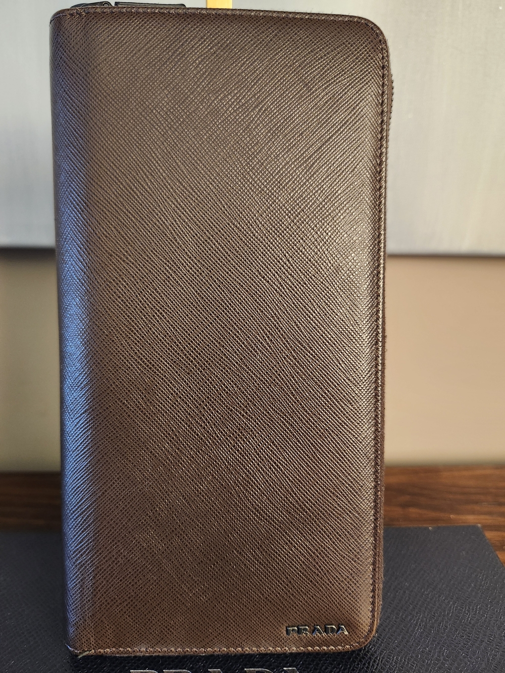 Prada Brown Saffiano Long Portfolio Leather Zip Wallet